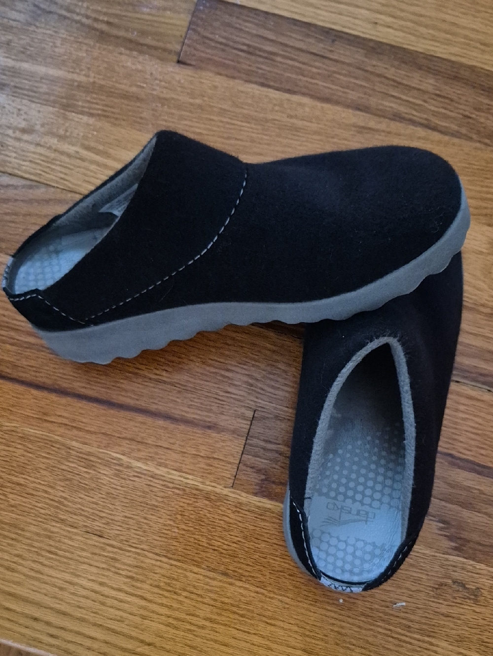 Dansko Black Suede Slip-On Clogs with Gray Soles